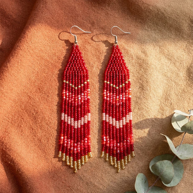 Crimson fringe beaded earrings Miyuki beadwork - NoonJ Nation