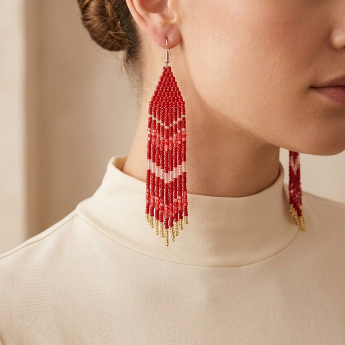 Crimson fringe beaded earrings Miyuki beadwork - NoonJ Nation