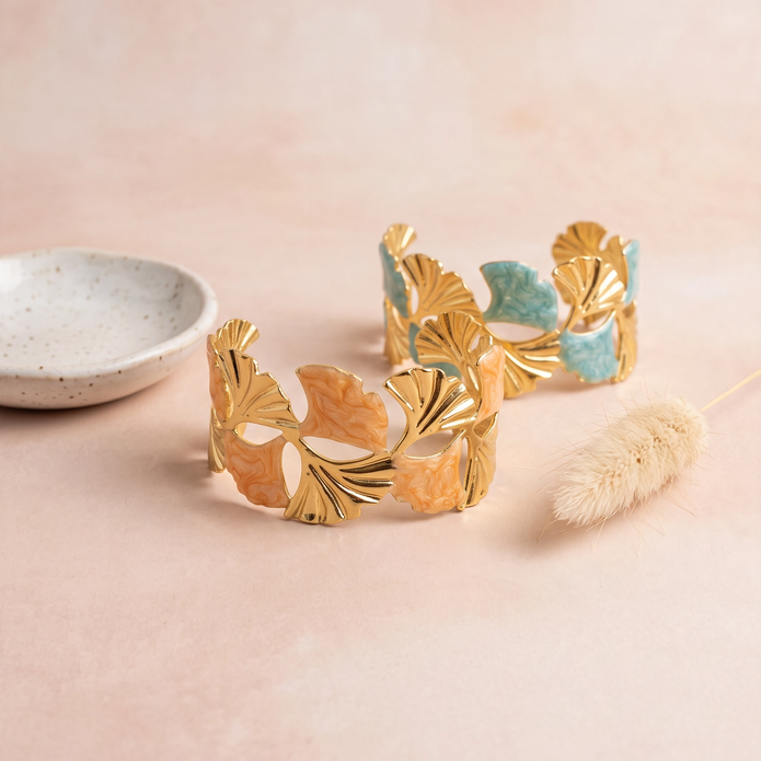 Ginkgo leaf enamel cuff bracelet Peach - NoonJ Nation