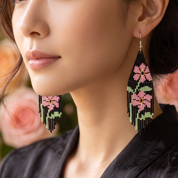 Midnight Bloom – Handwoven Fringe Earrings
